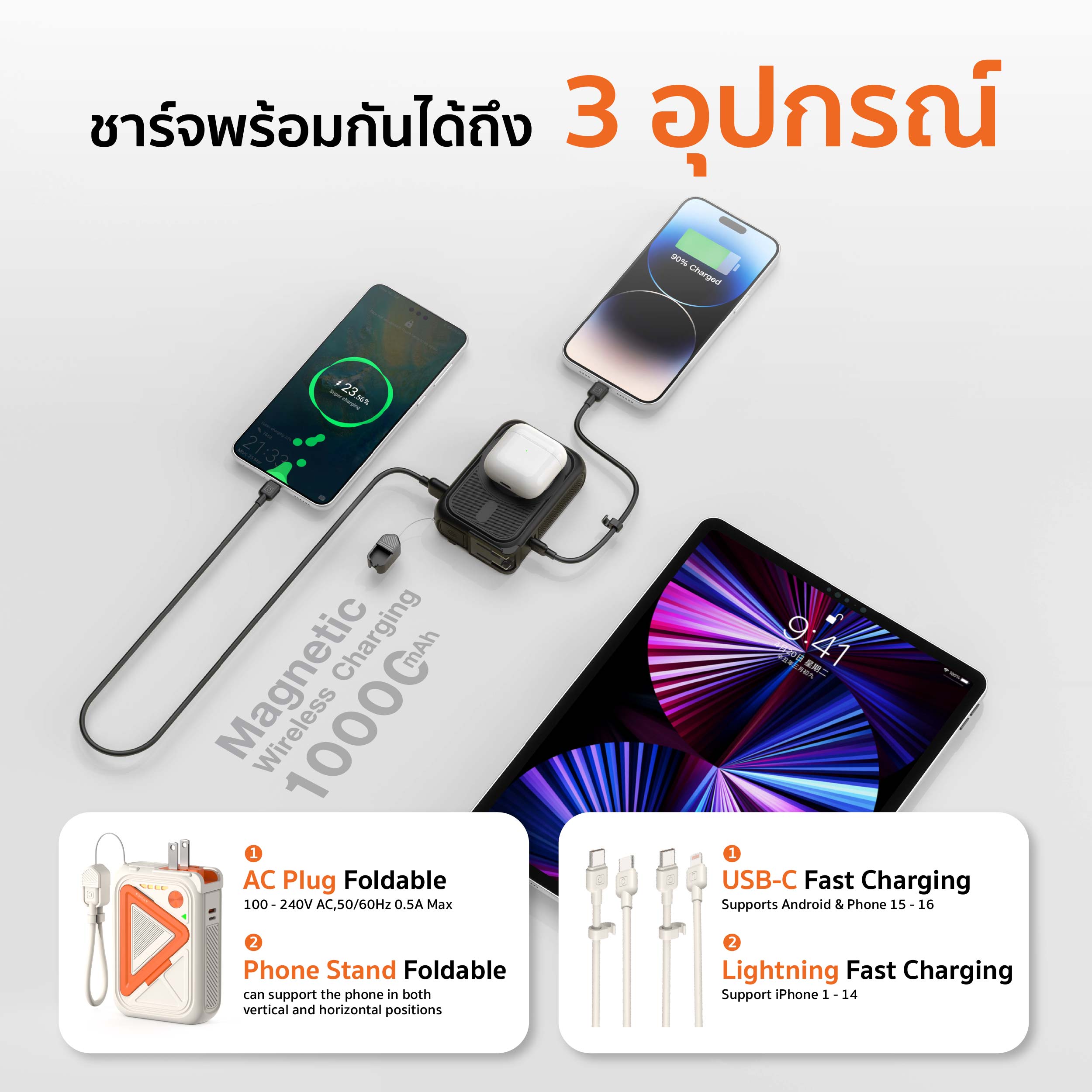 Powerbank Magsafe Wireless charge พร้อมสาย ขาปลั๊ก รุ่น PB-AC001 10,000 แอมป์
