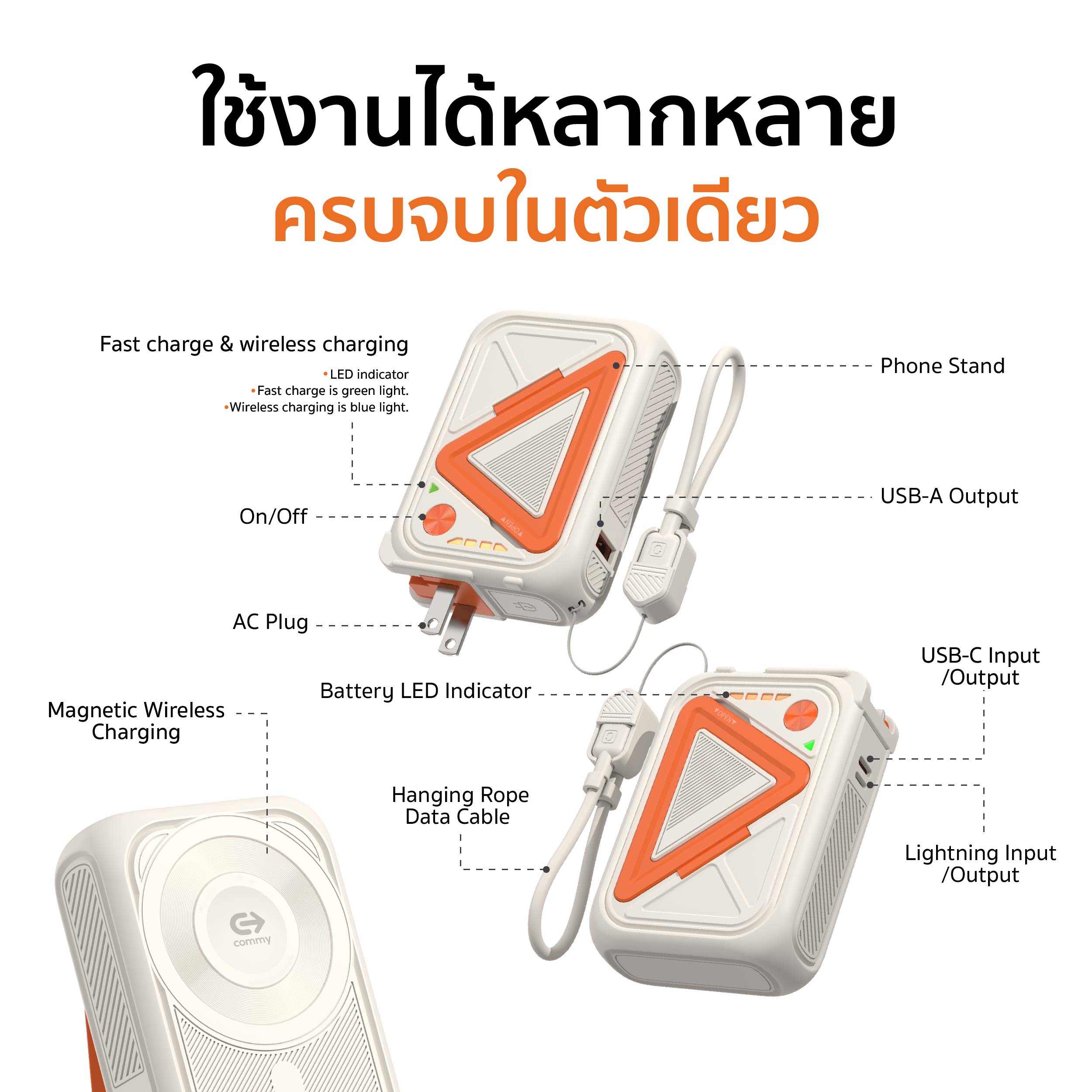 Powerbank Magsafe Wireless charge พร้อมสาย ขาปลั๊ก รุ่น PB-AC001 10,000 แอมป์