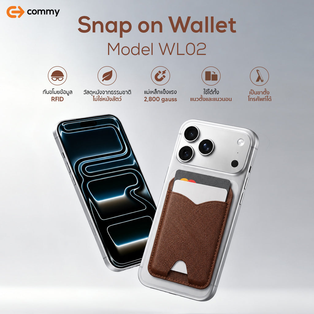 Commy ที่ตั้งโทรศัพท์ Snap On Wallet มี RFID กันขโมย แม่เหล็ก MagSafe ใส่บัตรได้ 4 ใบ พับได้รุ่น WL02