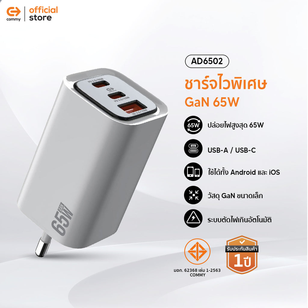 COMMY หัวชาร์จไวพิเศษ GaN FastCharge 65W Adapter 3 พอร์ต USB-C/USB-A ชาร์จเร็ว AD6502 Laptop iPad Tablet iPhone Android