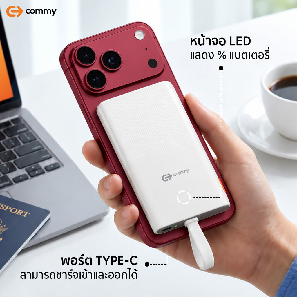 (มี CCC) Commy Powerbank W005 พาวเวอร์แบงค์ 2in1 พร้อมสาย ชาร์จเร็ว FastCharge 22.5W 10000mAh มีจอ LED