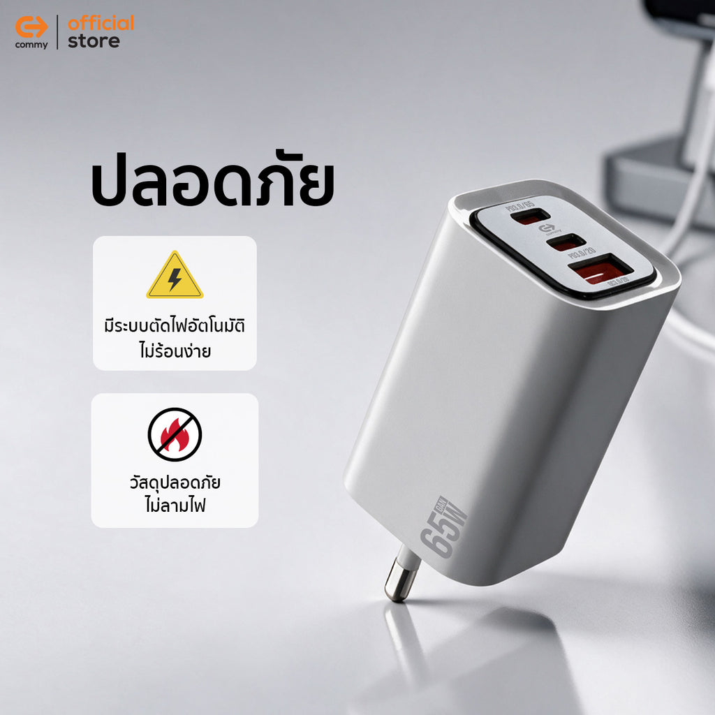 COMMY หัวชาร์จไวพิเศษ GaN FastCharge 65W Adapter 3 พอร์ต USB-C/USB-A ชาร์จเร็ว AD6502 Laptop iPad Tablet iPhone Android