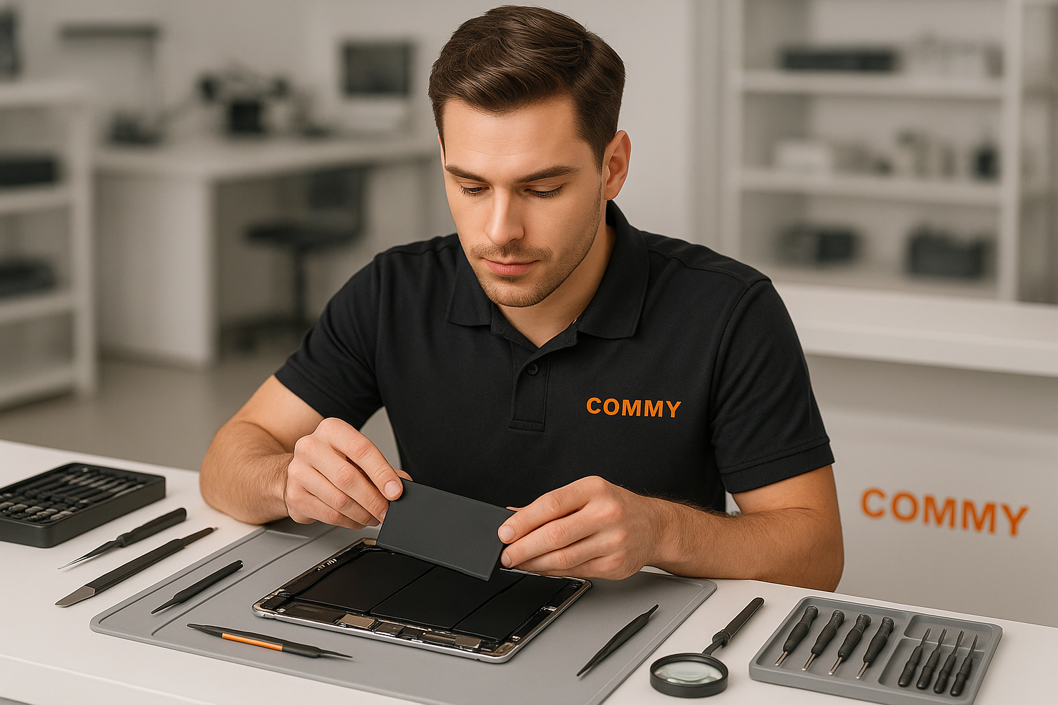 ok the logo isn't correct. make sure you use my store go. 
add some equiments on the table and background (blurred) 
the guy should look handsome and professional
