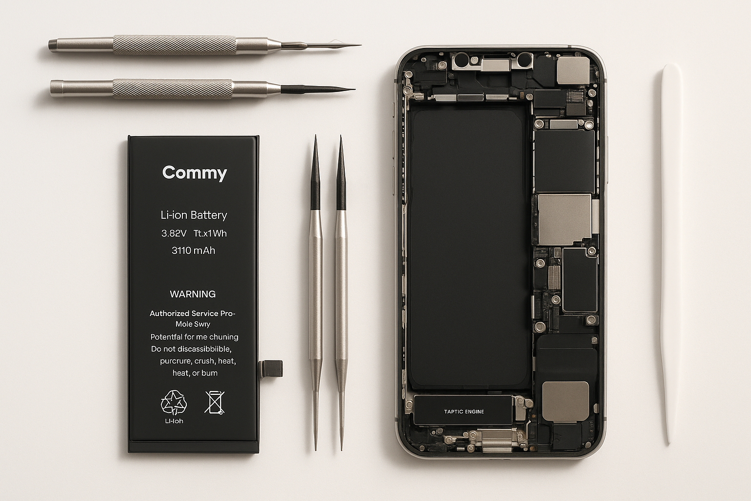 professional technician is changing iphone battery. The technician is very professional tech savy and white western guy. The style is minimal prfessional elegant style. The battery logo is Commy please use my shop logo