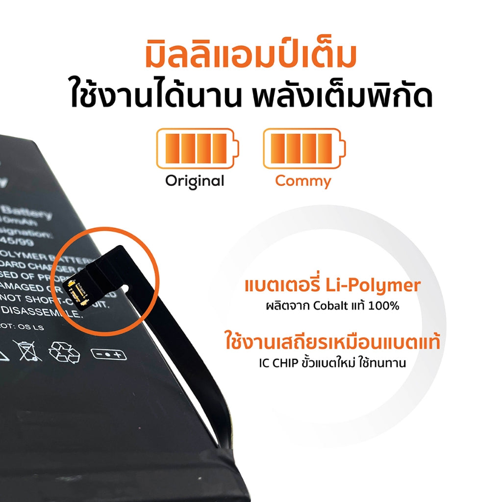 Commy แบตเตอรี่ไอโฟน ขั้วแท้ เพิ่มความจุ 25% iPhone 12mini/12/12Pro/12Promax/13Pro/14Plus/15Promax