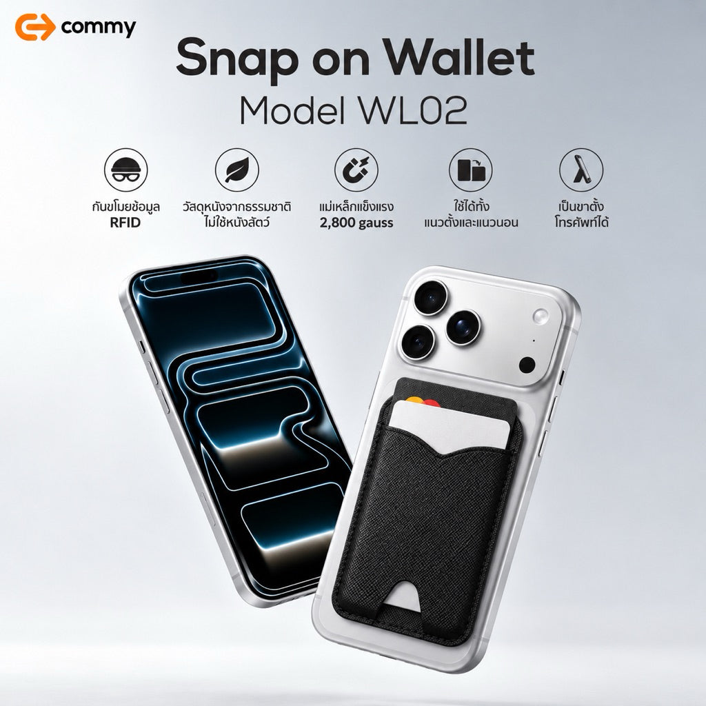 Commy ที่ตั้งโทรศัพท์ Snap On Wallet มี RFID กันขโมย แม่เหล็ก MagSafe ใส่บัตรได้ 4 ใบ พับได้รุ่น WL02